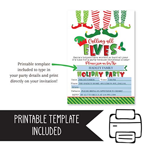 Hadley Designs 25 Party Invitations Premium Holiday Christmas Elves - Printable & Blank Fill-In Cards