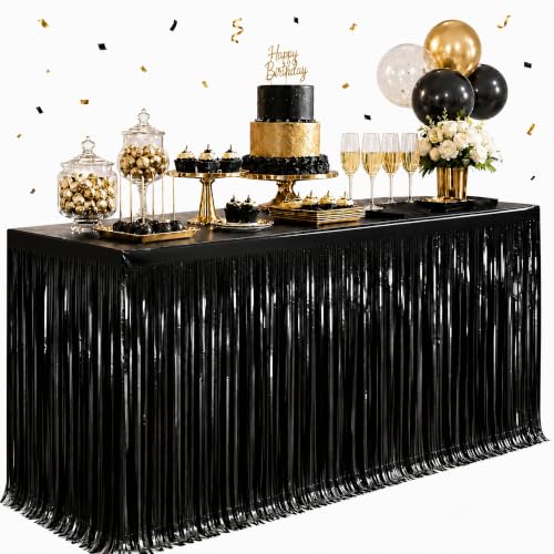 4-Pack Black Foil Fringe Table Skirt, Metallic Tinsel Party Decorations