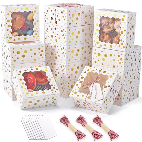 DOYIDE 32Pcs 6x6x3 Inch Christmas Cookie Boxes with Window White Gold - 32 Pack