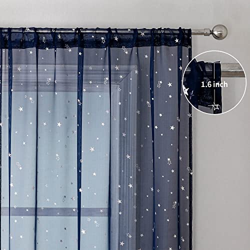 Navy Blue Star Sheer Curtains for Kids Nursery - 106-Inch Long Rod Pocket