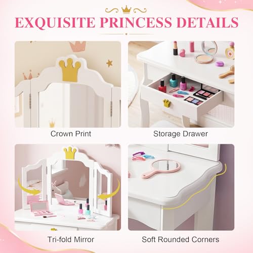 Kids Vanity Table and Chair Set with Tri-Folding Mirror and Storage Drawer