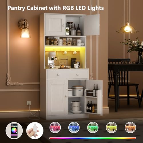 71" Tall Kitchen Pantry Cabinet with Microwave Stand, LED Lights & Charging