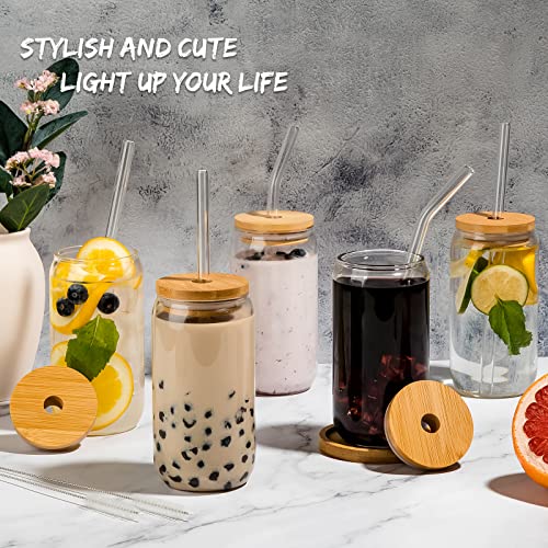 16 Oz Glass Can Cups with Bamboo Lids and Straws - 6 Piece Set