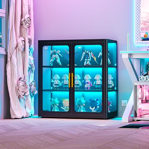 34-Inch Glass Display Cabinet with LED Lights and Adjustable Shelves