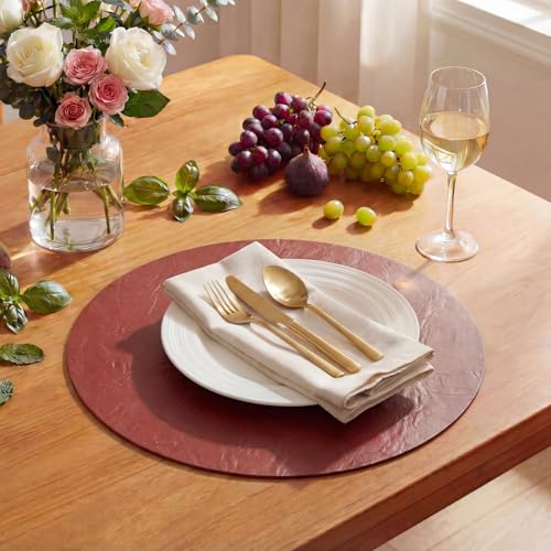 Round Faux Leather Placemat Set of 6 - 15 Inch Waterproof Reversible Table Mats - Red