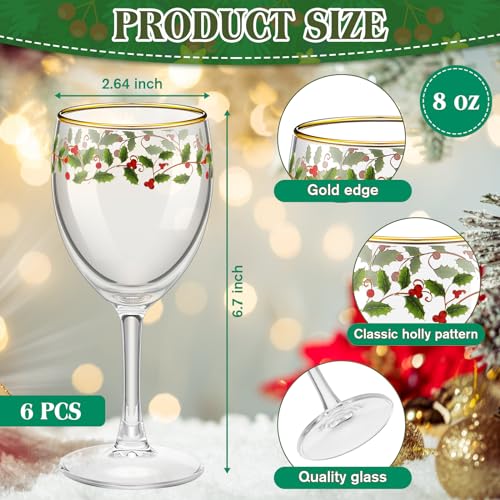 Nitial 6 Pcs Christmas Wine Glasses – Holly Berry 6.8 oz Stemmed Goblets (Variation: 6 / Holly Berry)