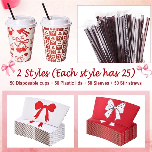 Lallisa 12 oz Red Bow Cherry Christmas Disposable Coffee Cups with Lids (50 Pack)