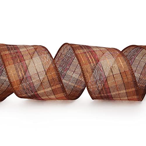 Fall Plaid Burlap Wired Ribbon with Gold Foil - 2.5 in x 10 Yards
