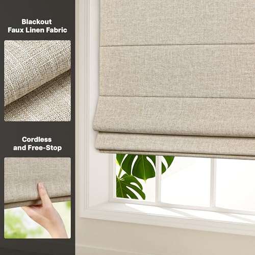 Cordless Blackout Roman Shades, 34.5" W x 60" H, Beige - No Drill, UV Blocking