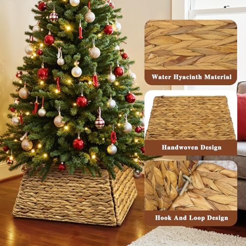 Lanpn 17 Inch Brown Rattan Christmas Tree Collar Square Woven Wicker Skirt
