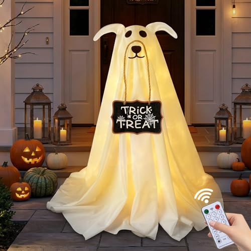 Zesua 2.3 FT Light-Up Ghost Dog Halloween Decoration with Trick or Treat Sign