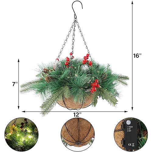 Pre-Lit Artificial Christmas Hanging Basket with LED Lights and Timer