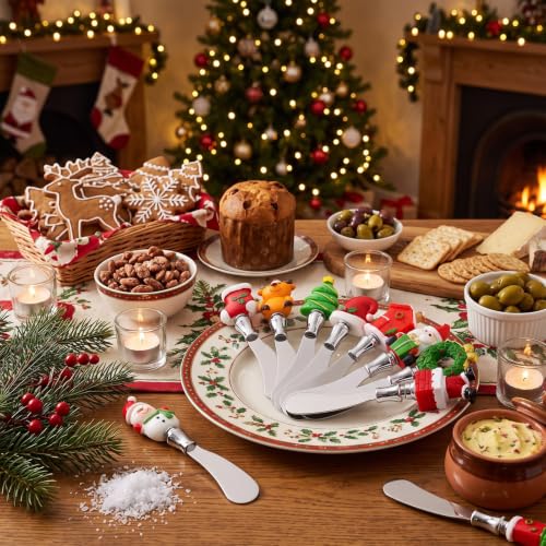 Lothee 10 Pcs Christmas Cheese Spreader Set with Cartoon Resin Handle – Christmas Edition