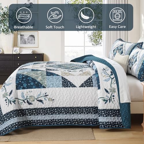 King Size Patchwork Quilt Set, Navy Blue Floral Bedspread - 3 Pieces