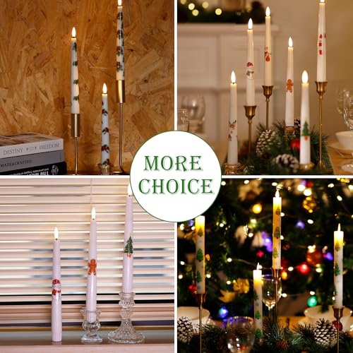AFINETH White Christmas Pine Flameless Taper Candles with Pine Leaves & Bells