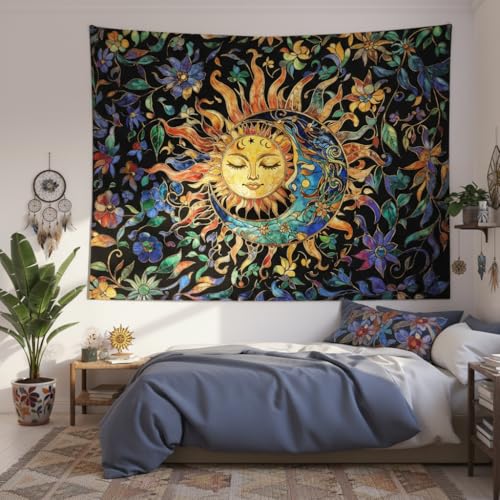 Sun and Moon Stained Glass Wall Tapestry - Boho Vintage Floral Wall Hanging