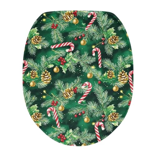 Christmas Candy Cane Toilet Seat Lid Cover for Bathroom – Universal 15"-21" Elf Holly Elastic Band