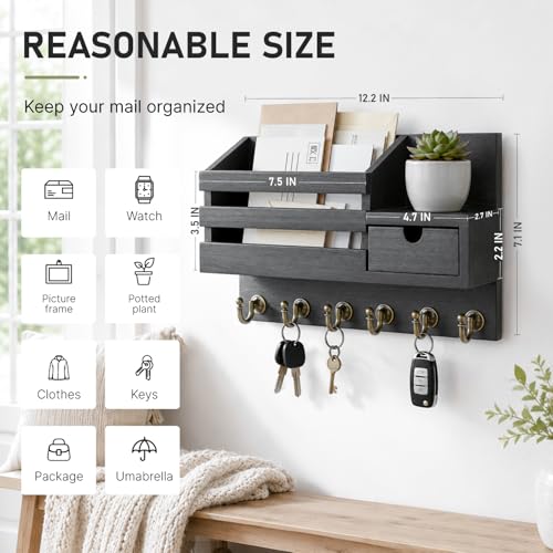 Rustic Farmhouse Wall Key Holder with Drawer and 6 Hooks for Entryway