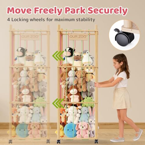 Large Stuffed Animal Storage Zoo with Wooden Base and Rolling Casters
