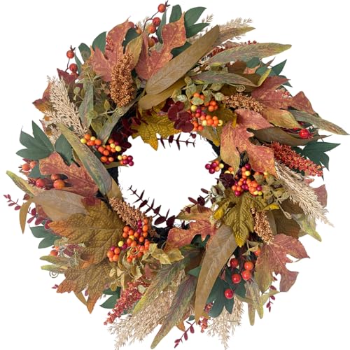 20-Inch Artificial Fall Wreath with Maple Leaves and Berries for Front Door