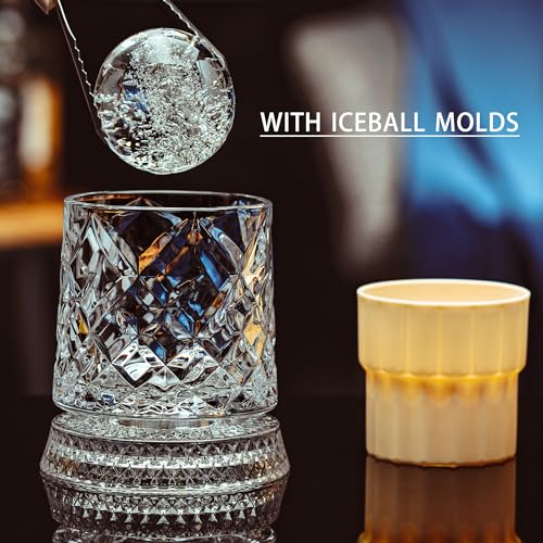 Spinning Whiskey Glass Set of 4 with Rotating Bases and Ice Ball Molds