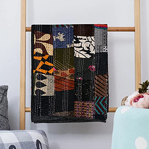Hand Quilted Kantha Quilt - Premium Patchwork Bedspread in Black