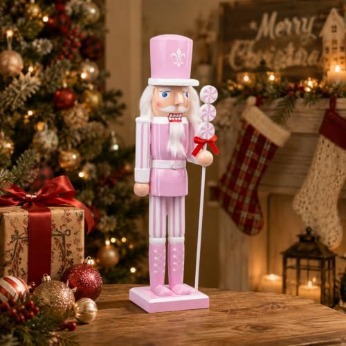 Pink Christmas Nutcracker Figures - 15 Inch Wooden Holiday Decor with Candy Details