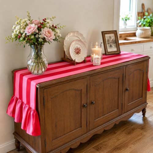 JarThenaAMCS Ruffled Table Runner Red Pink Stripes 13x118 Inch - Home Decor