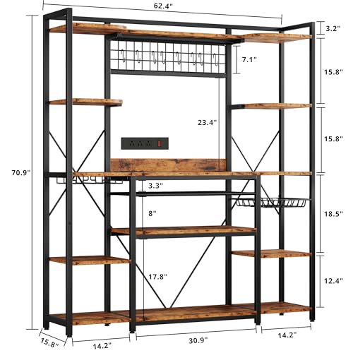 62-Inch Kitchen Bakers Rack with Power Outlets, Wine Storage, and 5 Shelves