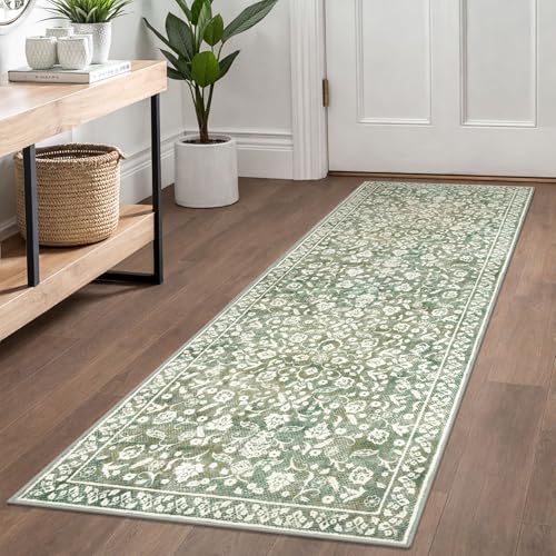 Washable Vintage Floral Runner Rug 2x6 Non-Slip Sage Green Beige