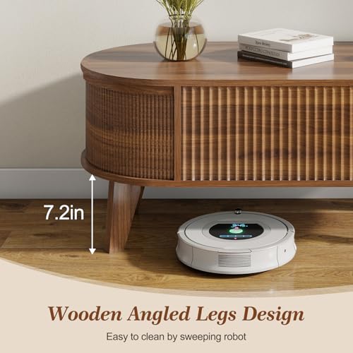 Fluted Lift Top Coffee Table with Hidden Storage, Walnut Wood Oval Table