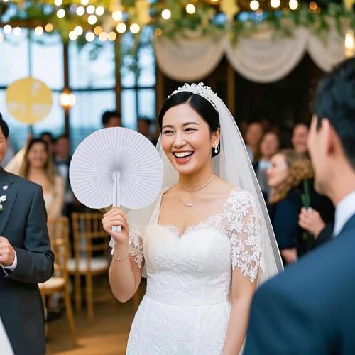 60 Pcs White Folding Paper Hand Fans for Wedding Party Favors and DIY