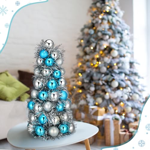 Cinnvoice 11-Inch Teal Blue Tabletop Christmas Tree with 62-Piece Silver & Blue Ornaments