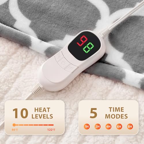 Electric Heated Blanket Throw - 50"x60", 10 Heat Levels, Auto Shut Off, Soft Flannel