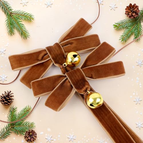 Christmas Velvet Bow Garland with Bells – Pre-Strung 8 Bows Mantel Staircase Decor