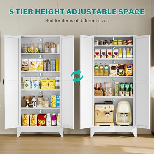 75" Tall Kitchen Pantry Cabinet - White Metal Farmhouse Storage Cupboard