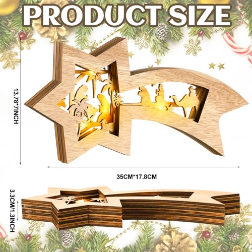 Bucherry Classic Wooden Nativity Scene Christmas Ornament with LED Lights - Tabletop Decor