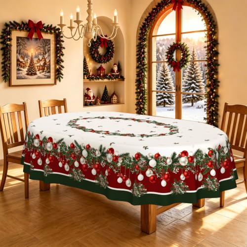 Christmas Tablecloth Oval 60x84 Inch - Xmas Ball Pattern Holiday Decor, Yrhsnclsdg
