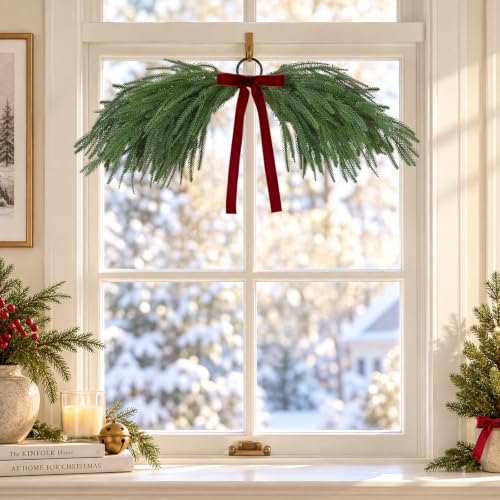 Waipfaru 26 Inch Artificial Norfolk Pine Christmas Mirror Garland with Red Bow - Reusable Holiday Decor