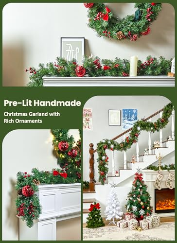 Brightown Ornaments Christmas Garland with Lights, 9Ft Prelit Holiday Decor