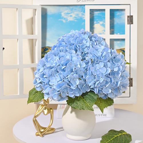 Real Touch Artificial Hydrangea Flowers 21" Large Stems, 3-Pack (Blue)