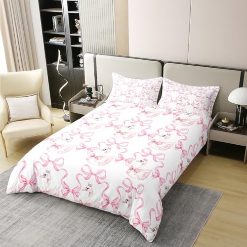 Manfei Twin Size Watercolor Pink Swan Cotton Duvet Cover Set with Pillow Sham, Princess Crown & Bowknot Design, Baby Pink & White