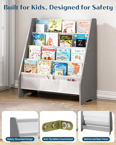4-Tier Kids Bookshelf with Oxford Fabric Slings, Grey Toddler Book Rack