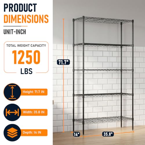 5-Tier Wire Storage Shelf 36x14x72 Inch Black Heavy Duty Metal Rack