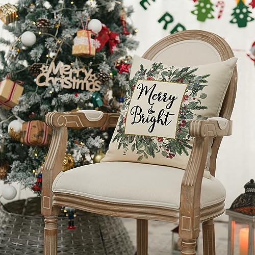 16x16 Inch Christmas Throw Pillow Cover Merry & Bright Eucalyptus & Mistletoe