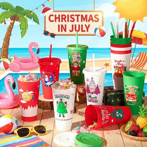 24 Pack Reusable Christmas Tumblers with Lids & Straws, 24oz Holiday Party Cups