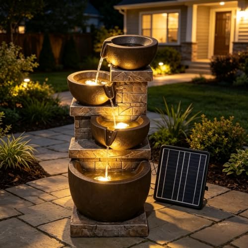 Solar Garden Water Fountain 4-Tier Resin Outdoor Waterfall with LED Lights