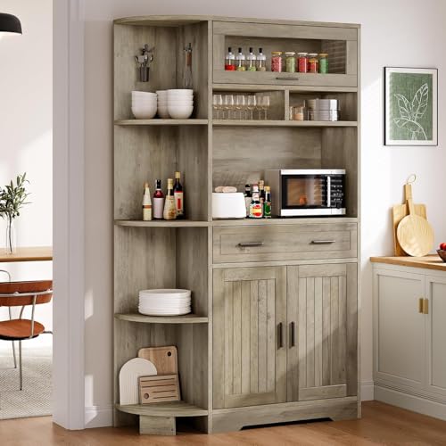 67-Inch Farmhouse Kitchen Hutch with Charging Station, Drawer and Shelves