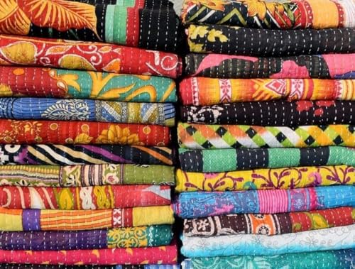 Reversible Kantha Quilt - Vintage Cotton Bedspread, 52x80 Inches