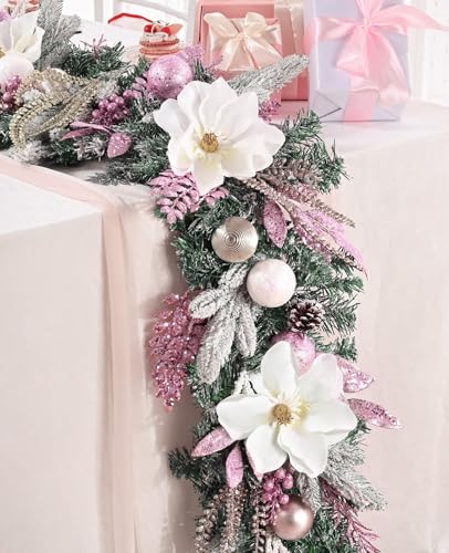 2Pcs Pink Christmas Garland with Lights & Magnolia Flowers - 6Ft Holiday Decor